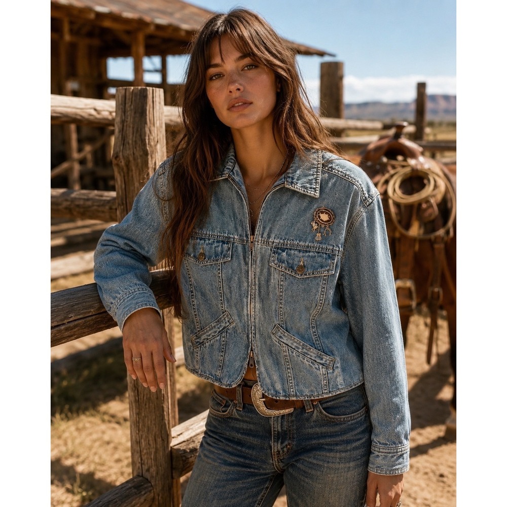 Vintage Lizwear Denim Western Rodeo Jacket Blue Light Wash Zip Up Women Medium
